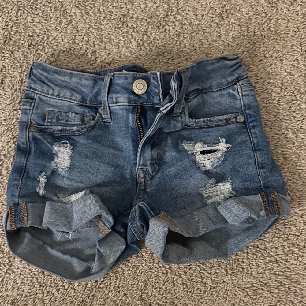Aeropostale Distressed Rolled-Hem Jean Shorts - Blue